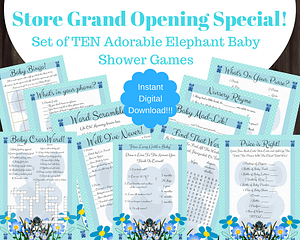 printable blue elephant baby shower games with answers For Boy
