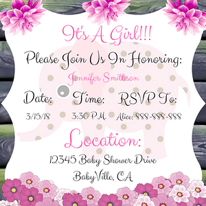 Pink Elephant Baby Shower Invitation For Girl Style 1