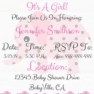 Pink Elephant Baby Shower Invitation For Girl #3