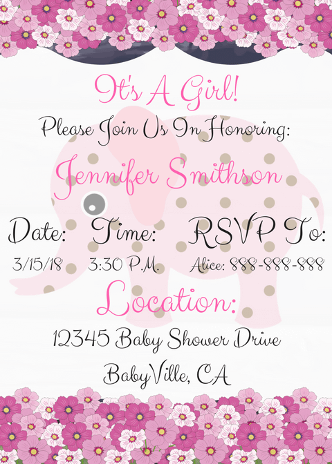 Pink Elephant Baby Shower Invitation For Girl #3