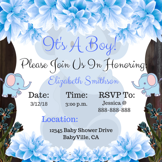 Blue Elephant Baby Invitation #2